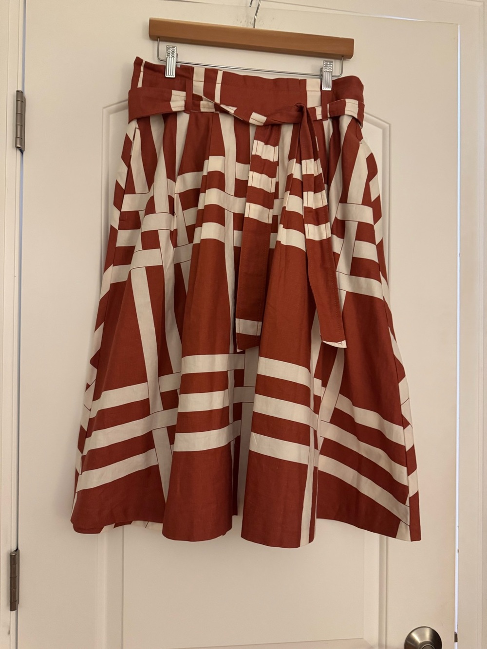 Ann Taylor Women's Brown and  White Striped Midi Skirt with Tie Waist and pocket